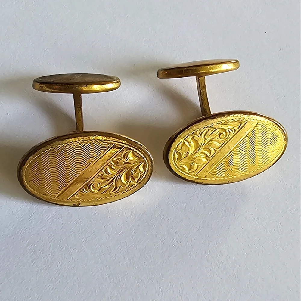 Vintage cuff links gold tone oval engraved leaves lines edwardian art deco
